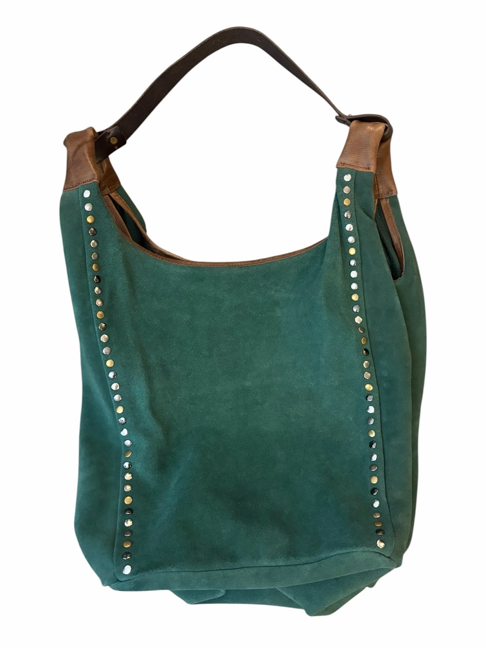 Old Trend Rose Valley Kale Green Boho Hippie Studded Suede Hobo Slouchy Tote Bag